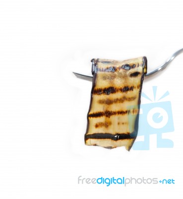 Grilled Eggplant Oubergine On A Fork Stock Photo