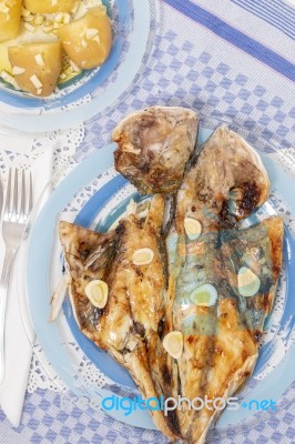 Grilled European Seabass With Potato Stock Photo