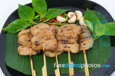 Grilled Pork On Plate. Thai Food Stock Photo