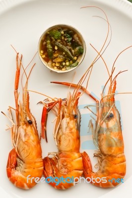 Grilled Prawn And Spicy Sauce Stock Photo