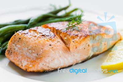 Grilled Salmon With Green Beans Stock Photo