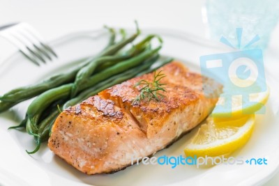 Grilled Salmon With Green Beans Stock Photo