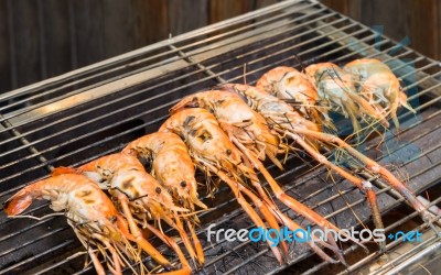 Grilled Shrimps, Prawns On The Flaming Grill Stock Photo