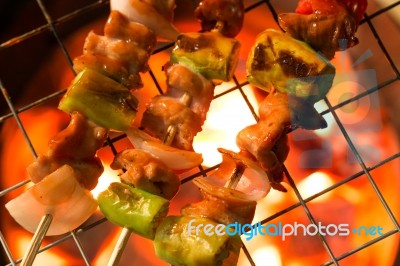 Grilling Shashlik On Barbecue Grill Stock Photo
