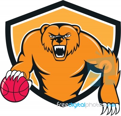 Grizzly Bear Angry Dribbling Basketball Shield Cartoon Stock Image