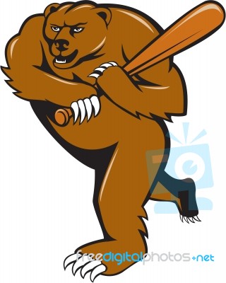 Grizzly Bear Baseball Player Batting Cartoon Stock Image