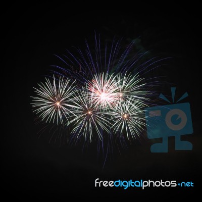 Group Firework Style Explode On Night Sky Stock Photo