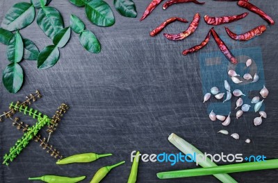 Group Of Ingredients And Condiment On Top Of The Table Stock Photo