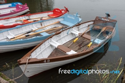 Group Of Rowing Boats At Thorpeness Boating Lake Stock Photo