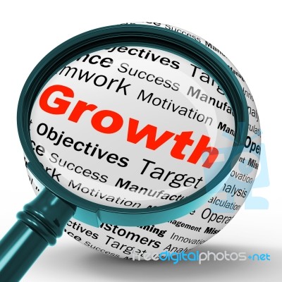 Growth Magnifier Definition Shows Business Progress Or Improveme… Stock Image