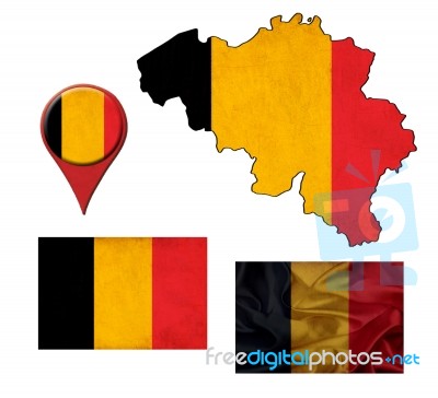 Grunge Belgium Flag, Map And Map Pointers Stock Image