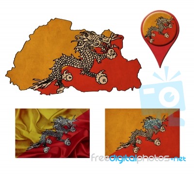 Grunge Bhutan Flag, Map And Map Pointers Stock Image
