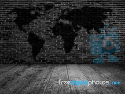 Grunge Black And White Room Decorated With  World Map On Brick W… Stock Photo