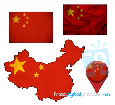 Grunge China Flag, Map And Map Pointers Stock Image