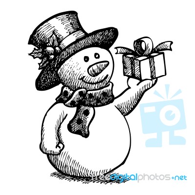 Grunge Snowman With Christmas Hat And Gift Box Stock Image
