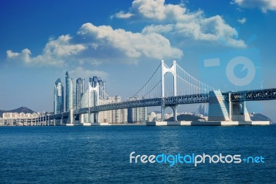 Gwangan Bridge And Haeundae Sea In Busan, South Korea Stock Photo