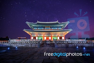 Gyeongbokgung Palace And Milky Way At Night In Seoul,korea Stock Photo