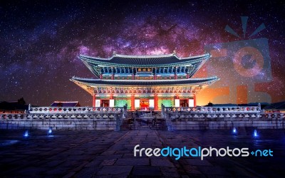 Gyeongbokgung Palace And Milky Way In Seoul, South Korea Stock Photo