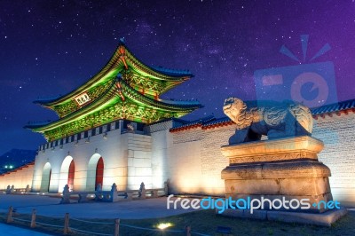 Gyeongbokgung Palace And Milky Way In Seoul, South Korea Stock Photo