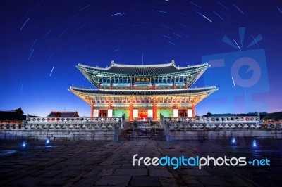 Gyeongbokgung Palace With Star Trails At Night In Seoul,korea Stock Photo