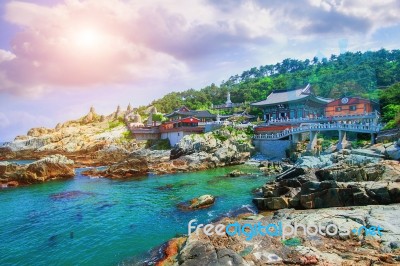 Haedong Yonggungsa Temple And Haeundae Sea In Busan, South Korea… Stock Photo