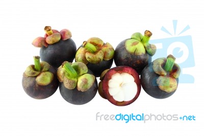 Half Natural Mangosteens On White Background Stock Photo