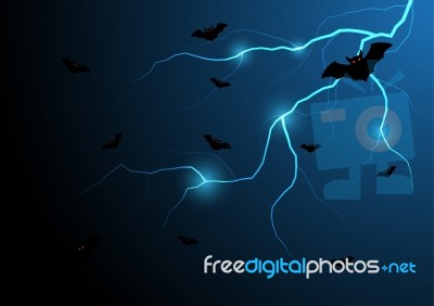 Halloween Bat Fly With Thunderbolt And Sky Stock Image
