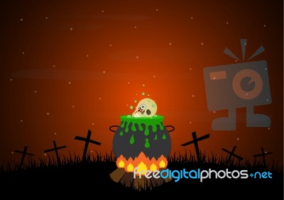 Halloween Bonfire Graveyard Witch Cauldron Skull Cross Stock Image