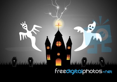 Halloween Castle Coffin Ghost Thunderbolt  Stock Image