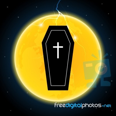 Halloween Coffin Moon Thunderbolt Lightning Stock Image