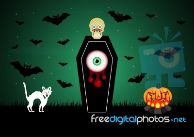 Halloween Coffin Skull Cat Pumpkin Bonfire Bat  Stock Image