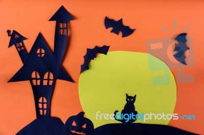 Halloween Concept With Haunted House Castle And Black Cat And Mo… Stock Photo
