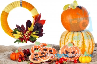 Halloween Decor Cookies, Wreath And Pumpkins Stock Photo