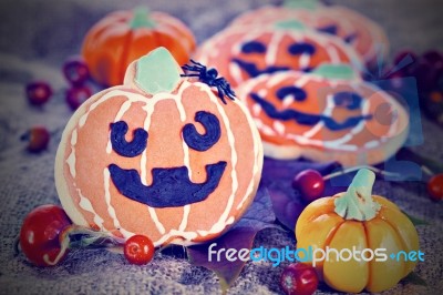 Halloween Decor Pumpkin Cookies Stock Photo