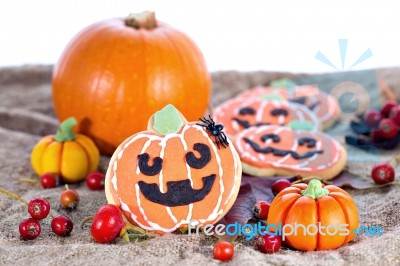 Halloween Decor Pumpkin Cookies Stock Photo