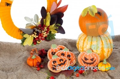 Halloween Decor Pumpkin Cookies Stock Photo