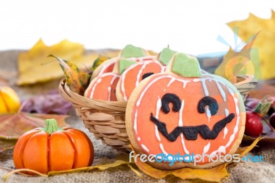 Halloween Decor Pumpkin Cookies Stock Photo