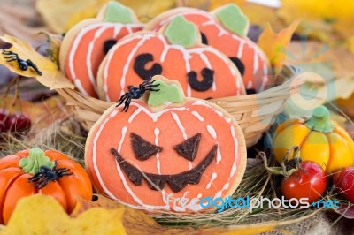 Halloween Decor Pumpkin Cookies Stock Photo