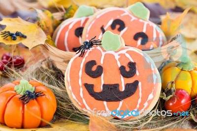 Halloween Decor Pumpkin Cookies Stock Photo