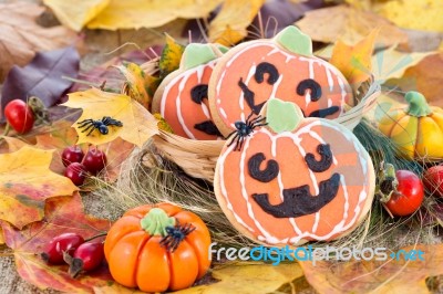 Halloween Decor Pumpkin Cookies Stock Photo