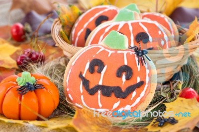 Halloween Decor Pumpkin Cookies Stock Photo