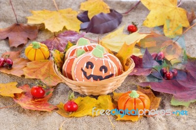 Halloween Decor Pumpkin Cookies Stock Photo