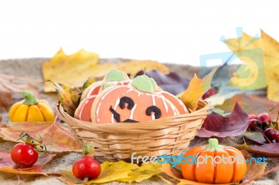 Halloween Decor Pumpkin Cookies Stock Photo