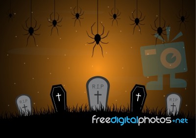 Halloween Gravestone Graveyard Coffin Spider Web Background Stock Image