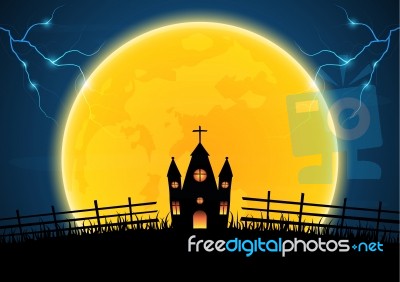 Halloween Graveyard Church Cross Thunderbolt Stock Image