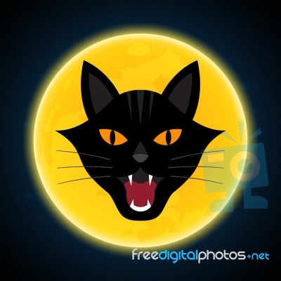 Halloween Growl Black Cat Head And Moon Stock Image