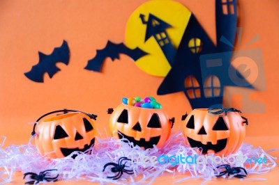 Halloween Jack O Lantern Bucket With Haunted House Castle Stock Photo