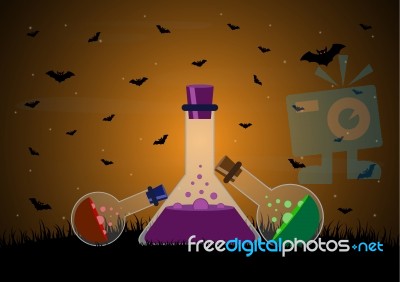 Halloween Poison Bottle Graveyard Bat Background Stock Image