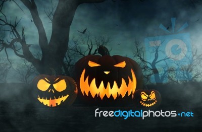 Halloween Pumpkin In Creepy Forest At Night,3d Illustration Stock Image