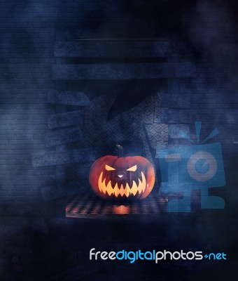 Halloween Pumpkin Inside The Broken Wall,3d Illustration Stock Image